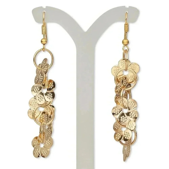 Super Lightweight Dotted Stamped Flower Charms Gold Tone Dangle Earrings - Picture 1 of 2